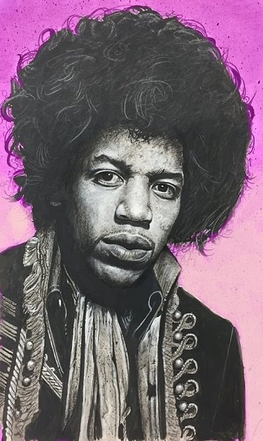 Jimi Hendrix by Ct artist Marc Potocsky pencil and acrylic paint on illustrati on board Rock Music Legend Art