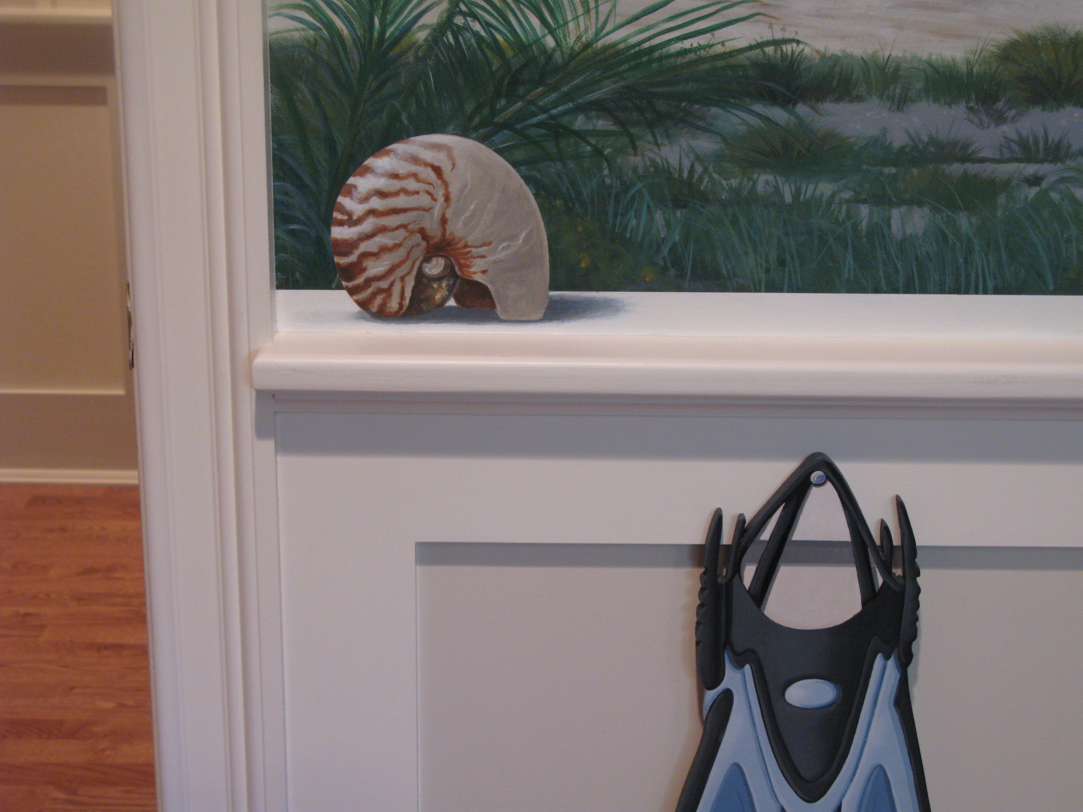 CT Mural close up of Shell and hung flippers. CT Mural close up of Shell and hung flippers.